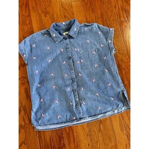 Style & Co Womens Sz XL Mushroom Printed Mario Boxy‎ Denim Camp Picnic Shirt